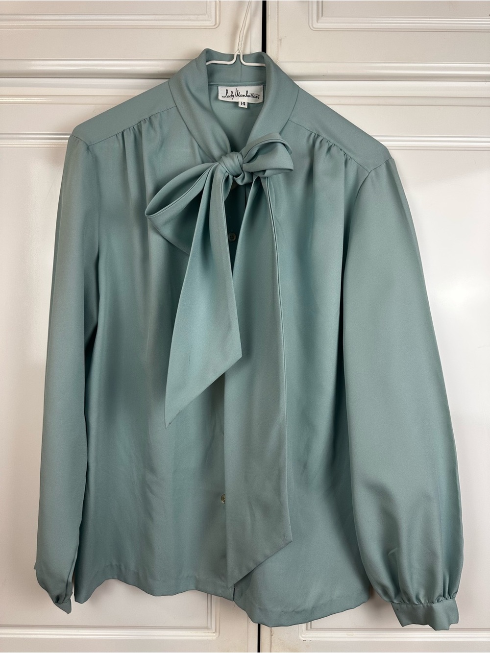 Vintage Lady Manhattan Dusty Teal Blue Green Tie-Neck Blouse
